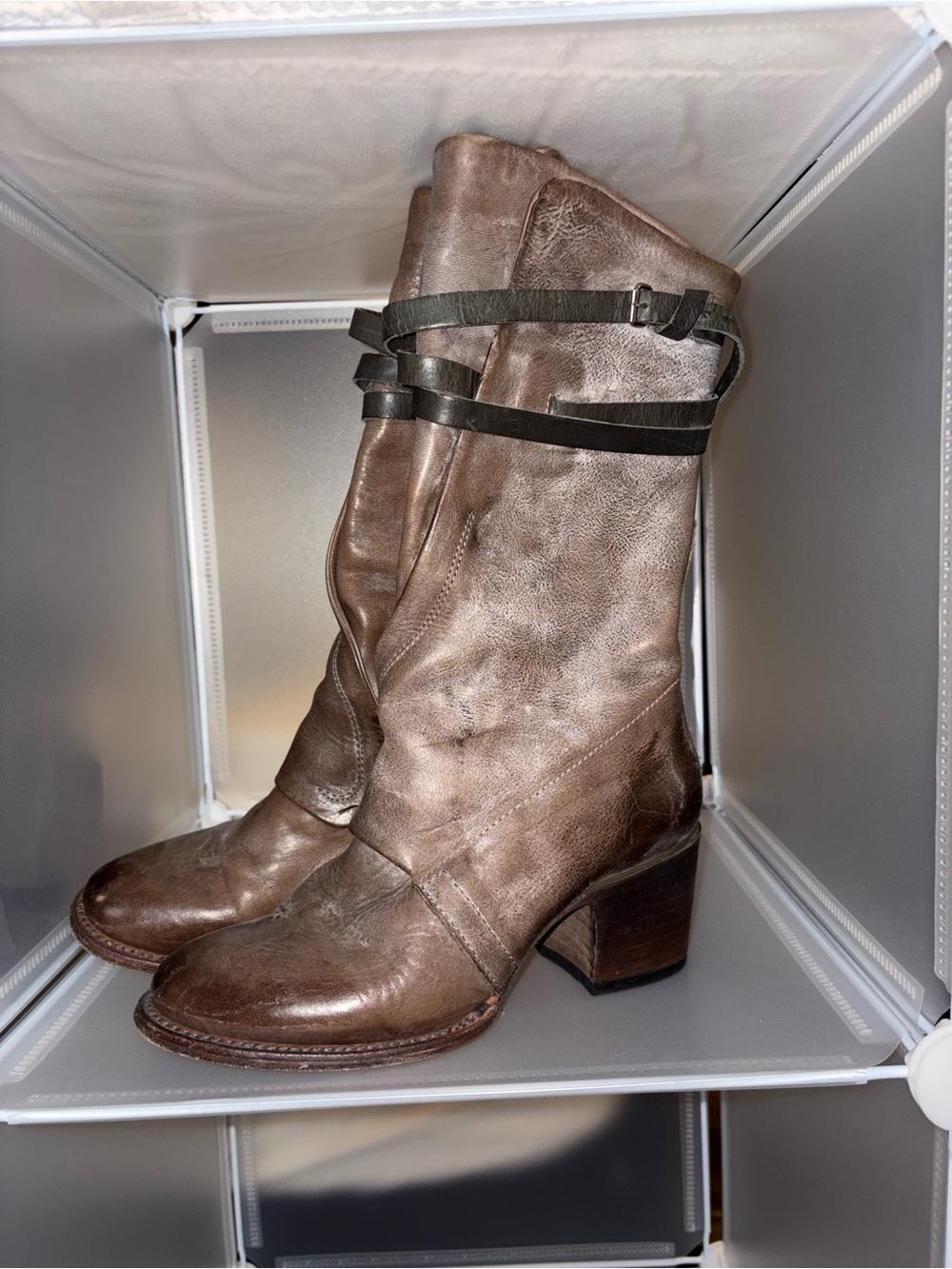 Freebird by Steven Distressed Brown Leather Mid-Calf Heeled Boots
